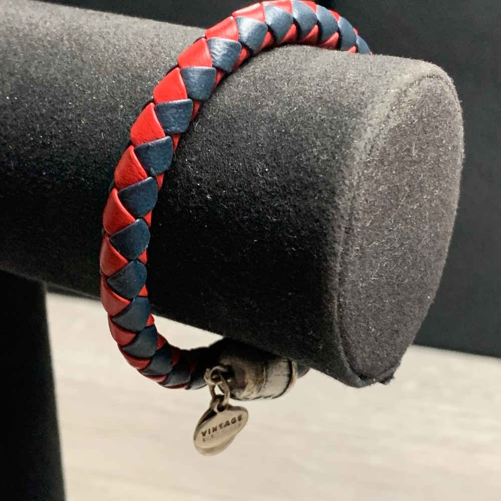 Alex and Ani Vintage Sixty-Six Red Navy Braided Leather Wrap Bracelet 5017
